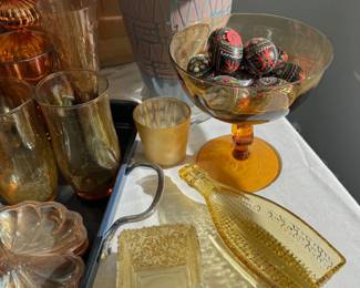 More Amber Glass Pieces, Empoli Pedestal Bowl and Hand Painted Eggs