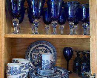 Cobalt Blue Stemware & Blue Willow dishes 