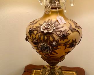 gorgeous glass and metal filigree lamp, 48" tall, one of a kind 
