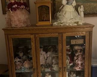 Porcelain Doll Collection and Oak Cabinet