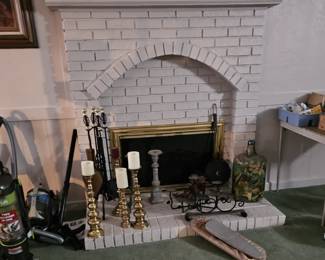 Fireplace misc. and brass candle holders