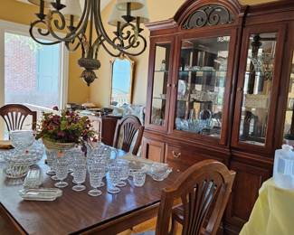Misc. crystal, glass, silver serving pieces.  Dining set with 5 chairs, china cabinet and buffet.
