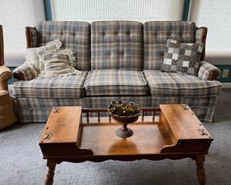 Broyhill sofa and vintage solid wood coffee  table.