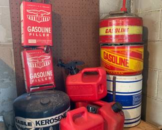 Gas cans, some of them vintage collector items.