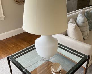 30" SQUARE METAL, WALNUT AND GLASS SIDE TABLE  AND ARC POT TABLE LAMP
