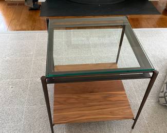 24" SQ METAL, WALNUT AND GLASS SIDE TABLE