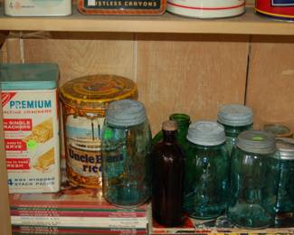 Vintage tins and large selection of vintage blue mason jars