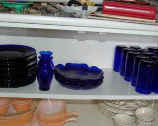 Cobalt blue dishes, glasses