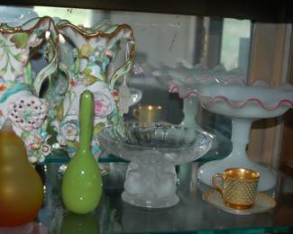 Pair of Coalbrookdale vases,  Coalport demitasse cup & saucer, Lalique