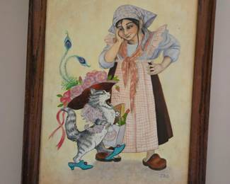Woman with dressed up cat framed artwork 