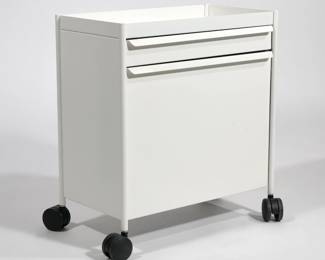 HERMAN MILLER OE1 TROLLEY | Small white filing cabinet with thin upper drawer and fold out file bin on casters - l. 20 x w. 11 x h. 22 in.