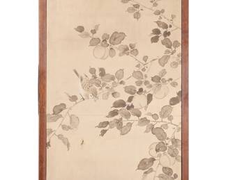 CHINESE SCROLL PAINTING | Paint on silk Showing a bird with a worm in its beak feeding two chicks among branches with fruit. Signed lower right and with chop mark. h. 41.75 x 14 in. (sight) - w. 15.5 x h. 43.5 in.
