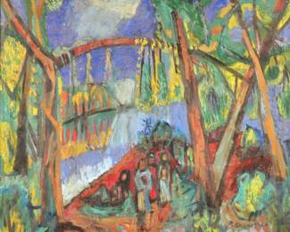 BRUNO KRAUSKOPF (German, 1892-1960) | untitled
oil on canvas; 29 x 35 in., stretcher; showing figures in a colorful wooded landscape, signed lower right "B. Krausnopf" - w. 44 x h. 38.5 in. (frame)