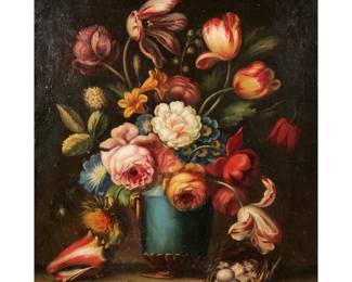 DUTCH/FLEMISH SCHOOL | Still life with flowers, bird's nest, and conch shell
Oil on canvas
No apparent signature
20 x 24 in.
 - w. 25.25 x h. 29.5 in. (frame)
