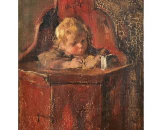 AMERICAN IMPRESSIONIST SCHOOL (19TH CENTURY) CHILD'S PORTRAIT | child in a high chair
Oil on canvas laid on board
12.5 x 9.75 in.
no apparent signature
 - w. 16 x h. 18 in. (frame)