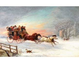 SAMUEL HENRY GORDON ALKEN (1810-1894) | Winter
Oil on board
33.5 x 22 in.
Showing riders in a carriage in a snowy landscape before a sunset; In a gilt frame with plaque bearing artist's name and title
Signed lower left within a fence post
 - w. 38 x h. 26.25 in. (frame)
