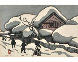 KIYOSHI SAITO (1907-1997) SNOW SCENE | Winter in Aizu
10 x 15 in., sight
 - w. 22.5 x h. 18 in. (frame)


