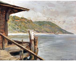 CONSTANTIN A. WESTCHILOFF (RUSSIAN/ AMERI. 1877-1945) HUDSON RIVER | Bear Mountain
Gouache/ mixed media on paper
8 x 10 in., sight
Signed lower left
Constantin Alexandrovitch Westchiloff (1877 - 1945) was active/lived in Maine, Florida / Russian Federation, France.
 - w. 15.5 x h. 13 in. (frame)