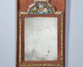 19TH CENTURY COURTING MIRROR | Having an eglomose painted panelVerso with paperwork and note reading " this looking glass belonged to Elizabeth Locke, mother of Samuel Locke and grandmother of Sarah Locke Ridgeway the Elizabeth was born in 1743 and died in 1830. She was Elizabeth Collins."
w. 11.5 x h. 16.75 in. (overall)
