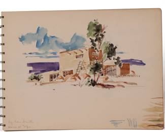 SAM SMITH (B. 1918), SKETCH BOOK | Landscapes and architectural studies in a sketch book, including pencil drawings and watercolor on paper; c. 1950s, most inscribed and dated in pencil, including one watercolor signed, "by Sam Smith / House at Talpa" (pg. 2), nineteen works in total, comprising scenes in New Mexico and New England, including the Hudson River near Rhinebeck
 - w. 8.75 x h. 12 in.