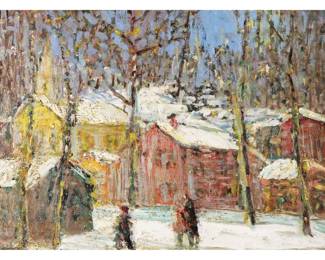 DAVID DALY (NEW YORK, 20TH CENTURY) WINTER SCENE | The Village Street
Oil on Masonite
15.75 x 12 in.
Showing figures in a snowy landscape town scene
Signed lower left, titled and with artists address on verso
 - w. 23 x h. 19 in. (frame)