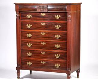RARE BESPOKE A.H. DAVENPORT (CAMBRIDGE, MA) TALL CHEST | late 19th/ early 20th century 
l. 40.25 x w. 24 x h. 54.5 in.