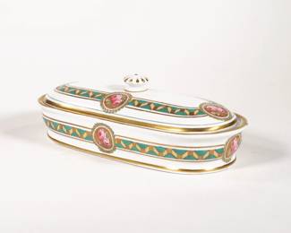 MINTON GILT COVERED BUTTER DISH | With green and gold decoration and hand, painted roses, inside of lid with impressed stamp mark "F" and stamped "Minton" on the bottom - l. 8 x w. 3.5 in.