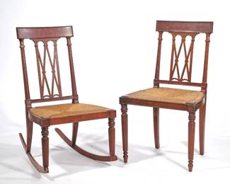 (2pc) A.H. DAVENPORT (CAMBRIDGE, MA) CHAIRS | Two ballroom side chairs, one converted to a rocking chair - l. 22 x w. 20.5 x h. 27 in. (Side chair)