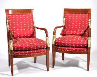PAIR FRENCH NEOCLASSICAL ARMCHAIRS | Century furniture, red and gold Napoleonic bee upholstery, applied gilt decorations - l. 27 x w. 24 x h. 37 in.