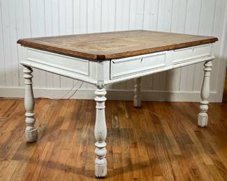 ANTIQUE RUSTIC FARM TABLE / DESK | Country Table having a white painted base with turned newel post legs, scrub top, two drawers. great character and charm! - l. 50 x w. 31 x h. 28.5 in.