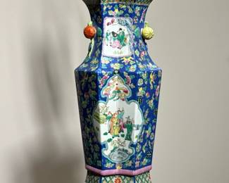 CHINESE ENAMELED GEOMETRIC BALUSTER LAMP | Ceramic section 18 in - l. 8 x w. 6 x h. 33 in. (overall)