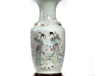 ANTIQUE CHINESE VASE | Showing two female figures, with lions heads on sides, calligraphy on backside, no markings on the bottom; on a wood stand
 - h. 17.25 x dia. 8 in. (vase only)
