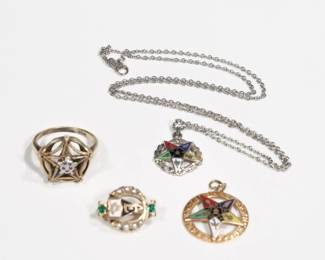 (4pc) GOLD MASONIC & OTHER JEWELRY | Including a 10k enameled star form masonic ring (size 6, 4.5g); a 10k gold and enamel sorority pin (3.8g); a 14k gold and enamel masonic pendant (2.4g); and a 14k white gold and enamel masonic pendant on a 14k gold link chain (3.9g)
