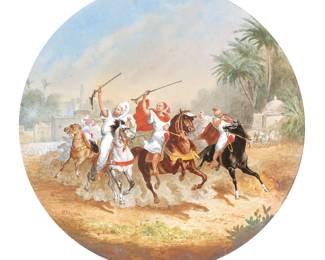 H. DESPREZ / SEVRES PAINTED PORCELAIN PLAQUE | Orientalist scene of figures on horseback mounted signed lower left and appearing in very good condition . dia. 14 in., ceramic as measured from back
