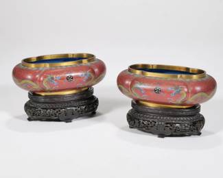 PAIR RED DRAGON CLOISONNE LOBED VESSELS | Dectorated with dragons and other Chinese devices
l. 6.5 x w. 4.25 x h. 2.25 in. (vase only)
