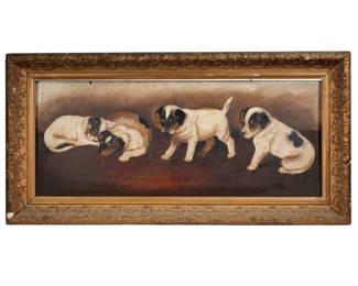 AMERICAN SCHOOL (19TH/20TH CENTURY) | puppies looking at a spider 
Oil on board
10 x 24 in.
no apparent signature
 - w. 27.5 x h. 13.74 in. (frame)

