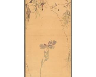 SCROLL PAINTING | Ink on paper. Showing a bird perched on a branch above a purple flower
h. 46.5 x 10.75 in., sight
 - w. 16 x h. 68 in. (overall)