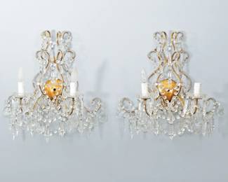 PAIR CUT CRYSTAL & BRONZE SCONCES | Antique two-lite electrified sconces decorated with glass beads, cut crystal drops and briolettes - l. 17 x w. 18 x h. 10 in. (each sconce)
