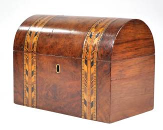 CASKET-FORM TEA CADDY | Burl wood veneer with two bands of contrasting inlay pattern
 - l. 8 x w. 4.75 x h. 5.75 in.