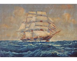 JOHN DAVIDSON SHIP PAINTING | A three-masted clipper ship. Oil on canvas. 27 x 38 in., stretcher
Signed lower right 
 - w. 46 x h. 35 in. (frame)
