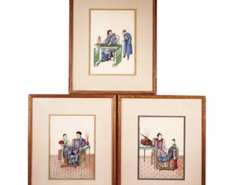 (3pc) CHINESE GOUACHE ANCESTRAL PORTRAITS | Painted on rice paper, including a man and a woman in imperial armchairs with attendants (sight 10.5 x 7.5 in.) and a third with musician sitting at a table with a censer and attendant - w. 15 x h. 18 in. (frame)
