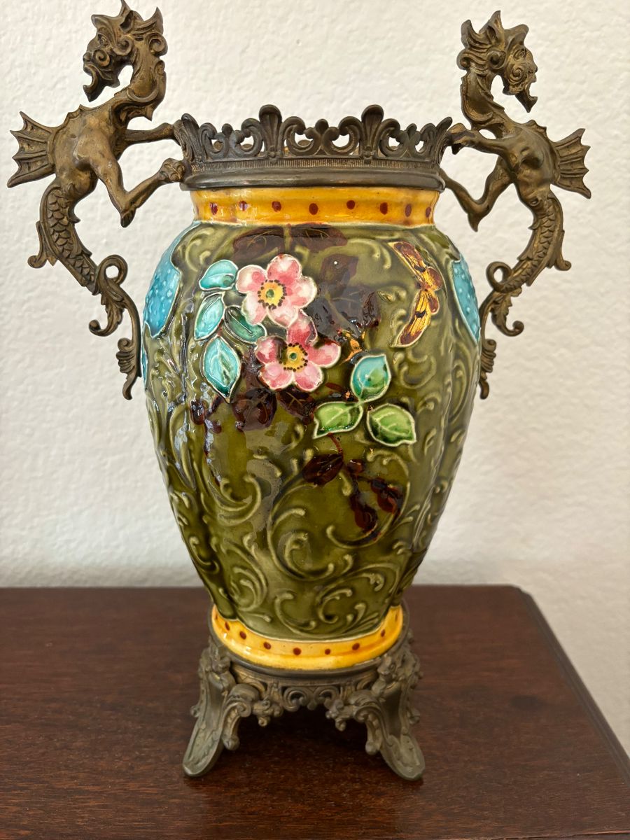 Turn of the Century Majolica pottery with ormolu Griffin handles. Absolutely gorgeous!