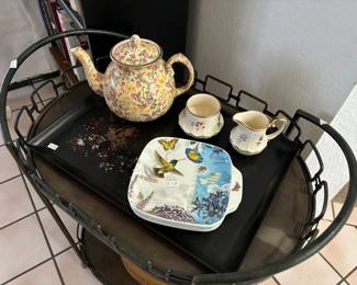 MCM bar cart; Chintz teapot; lovely “garden” plates