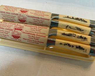 Set of 4 steak knives with scrimshaw handles. Never used from mid-1950’s.