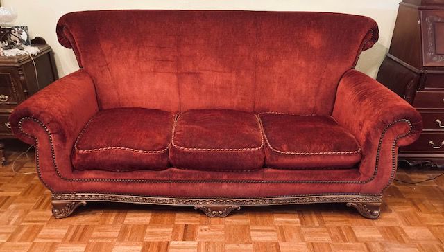 Vintage Thomasville High Back Red Velvet Sofa.