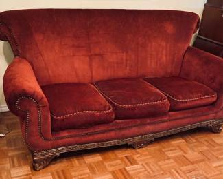 Vintage Thomasville High Back Red Velvet Sofa.