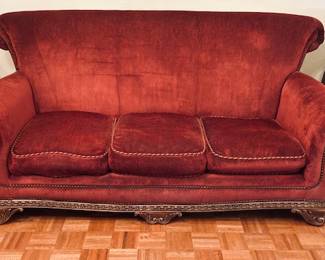 Vintage Thomasville High Back Red Velvet Sofa.