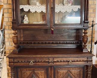 Early 20th Century Carved Antique English Two Piece Walnut Court Cupboard.