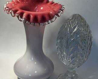Fenton  vase and leaded egg with stand 