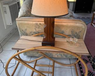 Vintage Rattan Side 1950 and Hand Made Rustic Lamp
